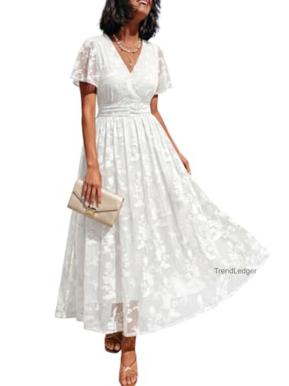 Floral Wrap Midi Dress Smocked Waist V-Neck Side Pockets Fit Flare